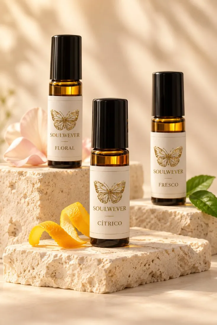Tres frascos roll-on de aceite esencial en composición escalonada sobre piedra