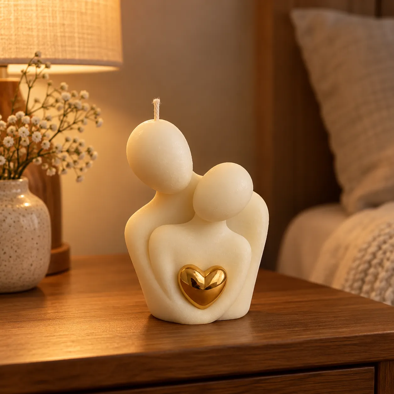 Vela escultórica marfil de dos figuras abrazadas con un corazón dorado, iluminada por una lámpara cálida.
