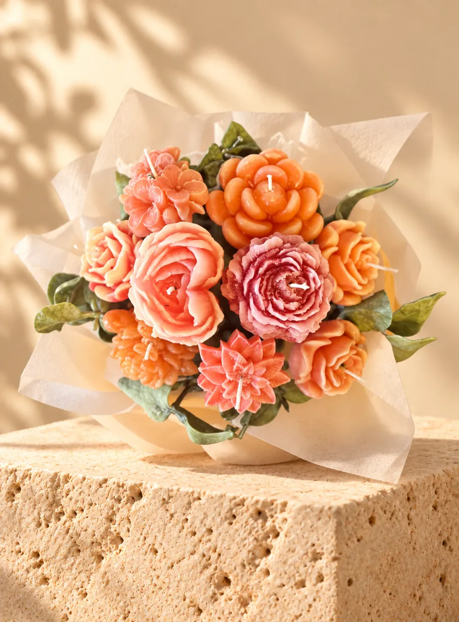 Ramo de flores de cera en tonos coral y rosa, envuelto en papel