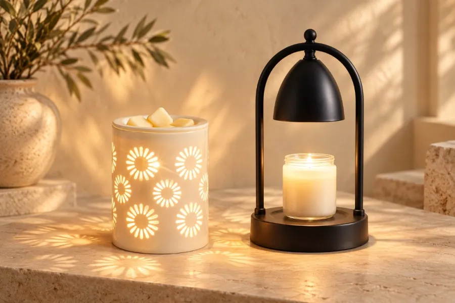 Warmer de cerámica calado con wax melts junto a una lámpara warmer negra con vela en frasco