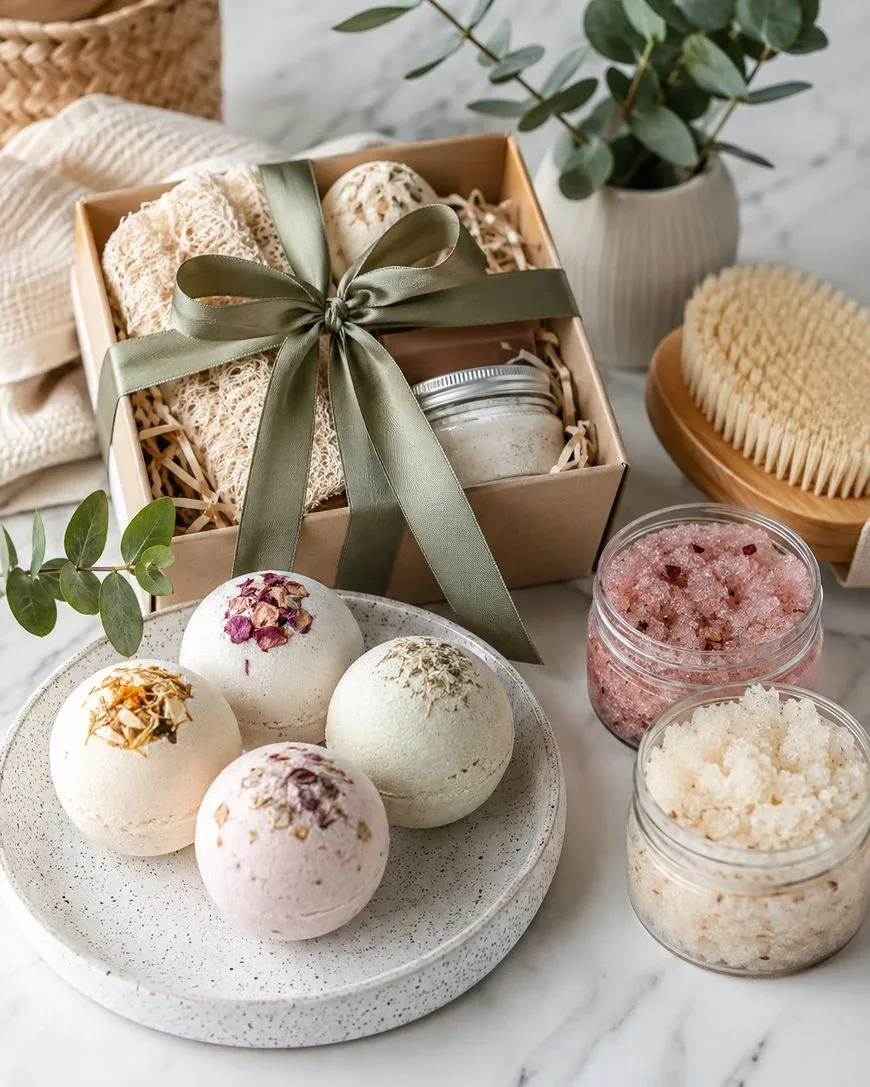 Bath bombs de colores agrupadas sobre bloques de travertino
