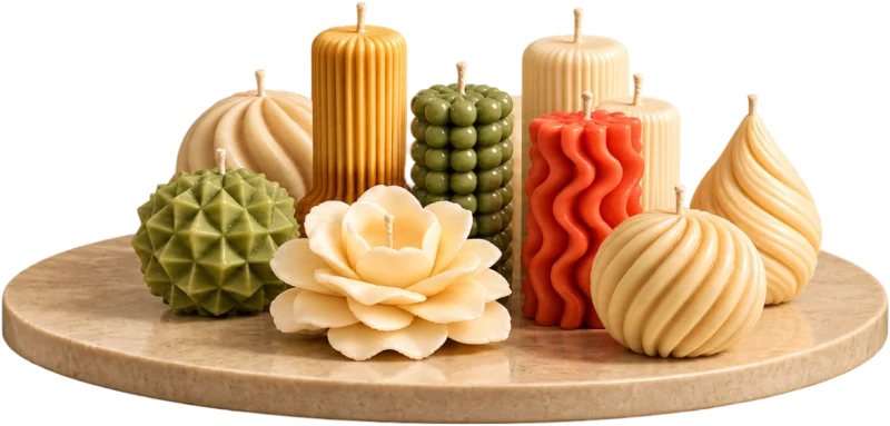 Cuatro velas escultóricas hechas a mano: una copa de fruta de cera, un busto de rostros color miel, un pilar de esferas verde salvia y un pilar ondulado color coral.