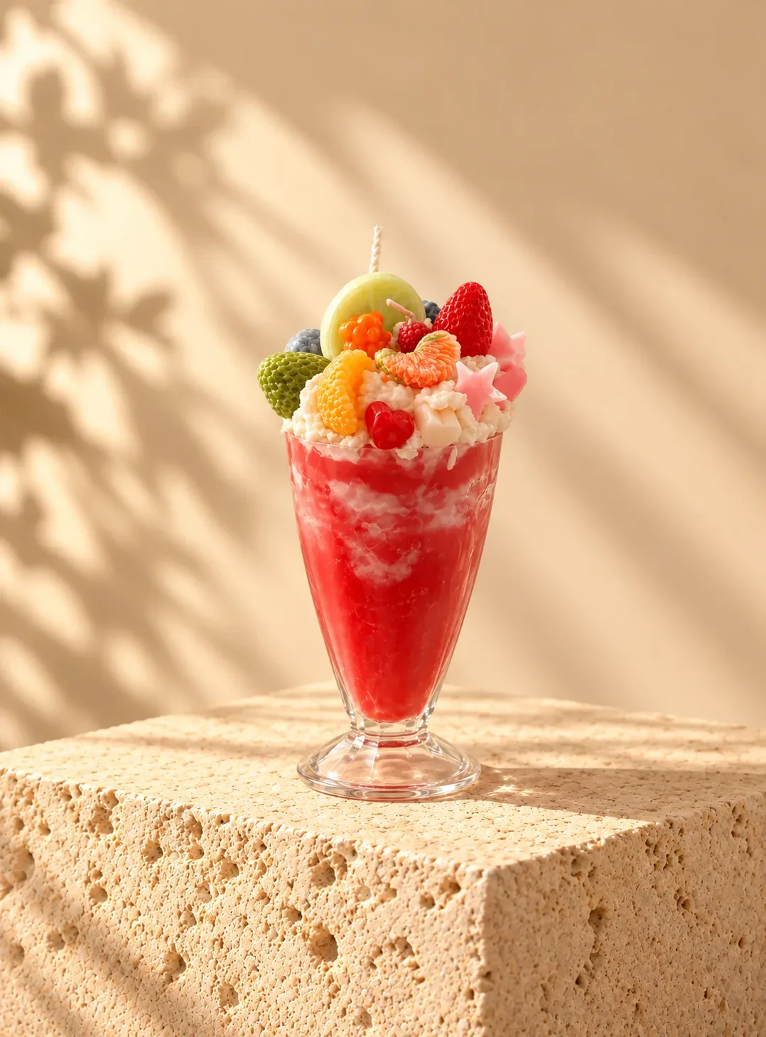 Vela en forma de copa de postre con crema y frutas de colores
